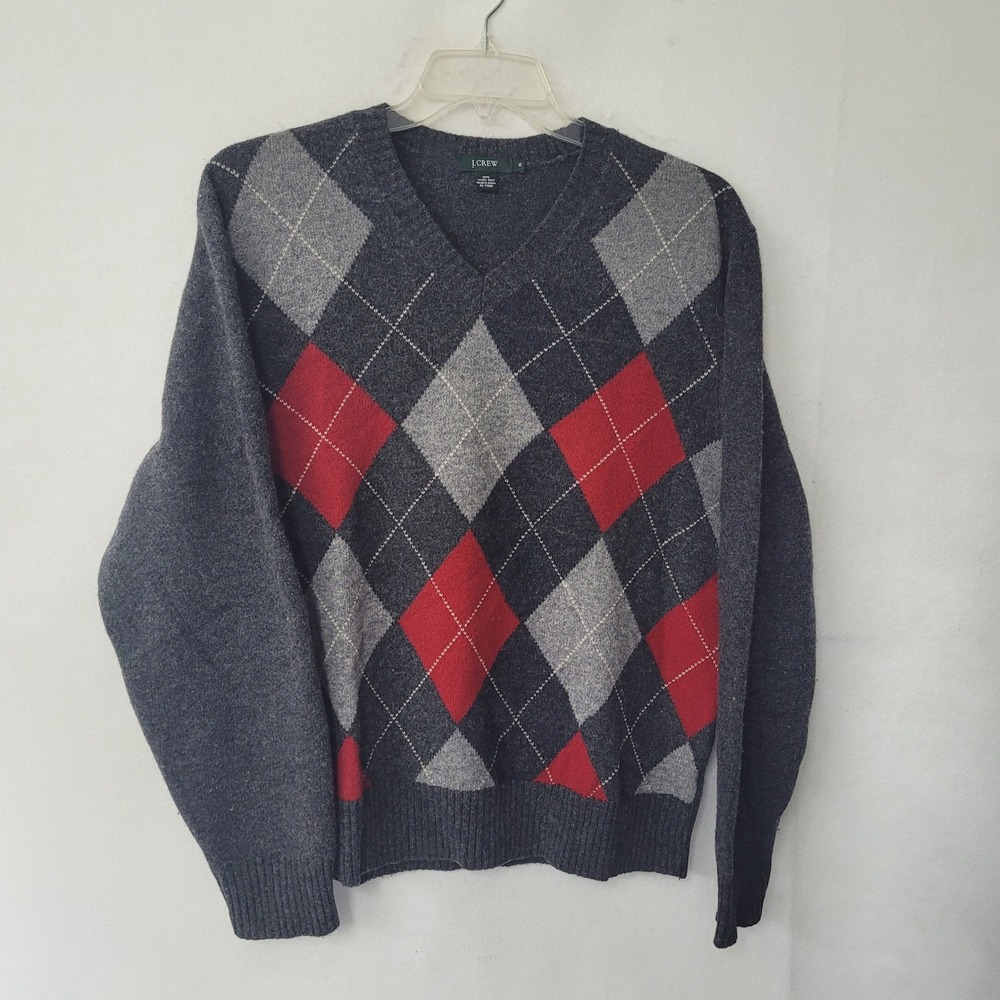 J.Crew‎ Lambswool Sweater XL V-Neck Argyle Gray Red Classic Menswear Academia